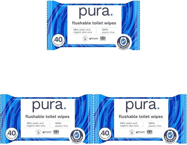 Șervețele umede Eco Flushable, 1 pachet (40 de șervețele), 100% fără plastic, 99% apă, șervețele umede sensibile și hrănitoare, certificate "Fine to Flush" Biodegradabile, Vegan (pachet cu 3)