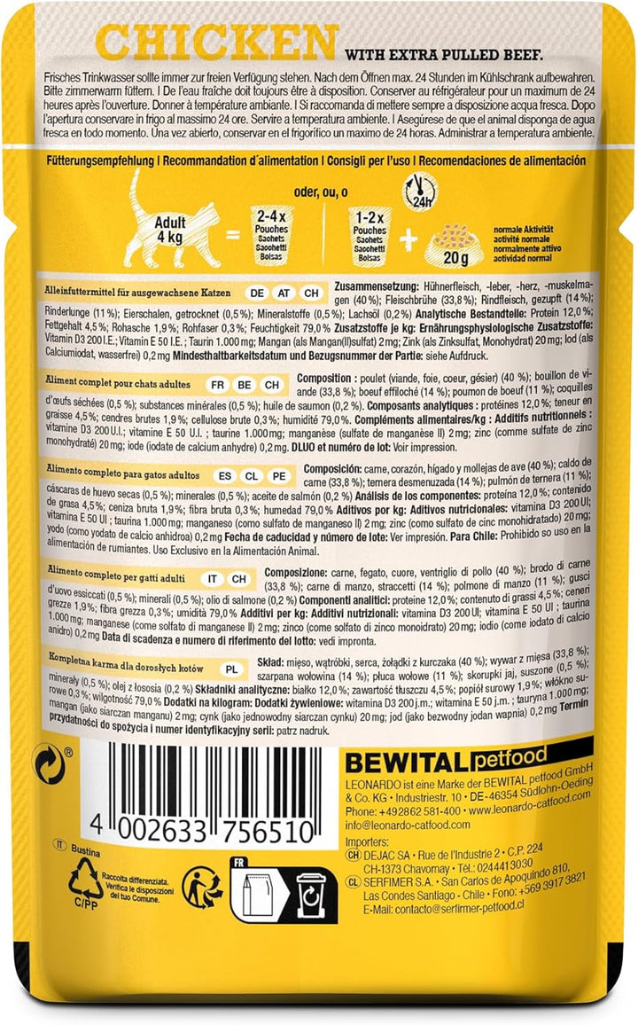 LEONARDO Fresh Pouch [16X70G Pui cu fâșii de carne] Pulled Beef | Hrană umedă fără cereale pentru pisici | Hrană completă pentru pisici