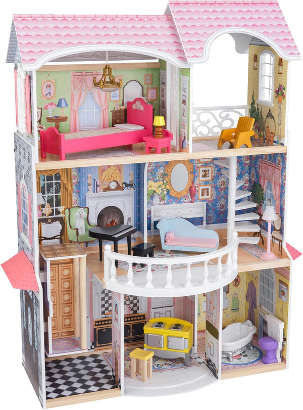 Casa de păpuși Kidkraft Magnolia Mansion din lemn cu mobilier și accesorii, set de joacă cu balcon și lift pentru păpuși de 30 cm, jucărie pentru copii de la 3 ani, 65907 Casute de papusi Naty Shop Titlu implicit