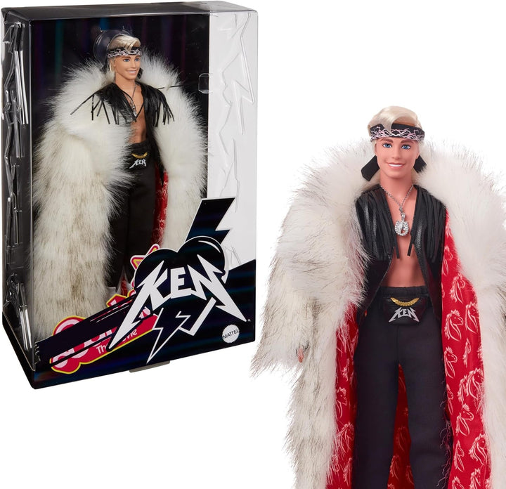 Barbie the Movie păpușă Ken de colecție purtând haină mare din blană artificială și vestă neagră cu franjuri și bandană, HRF31 Papusi Naty Shop Jucărie_Figură