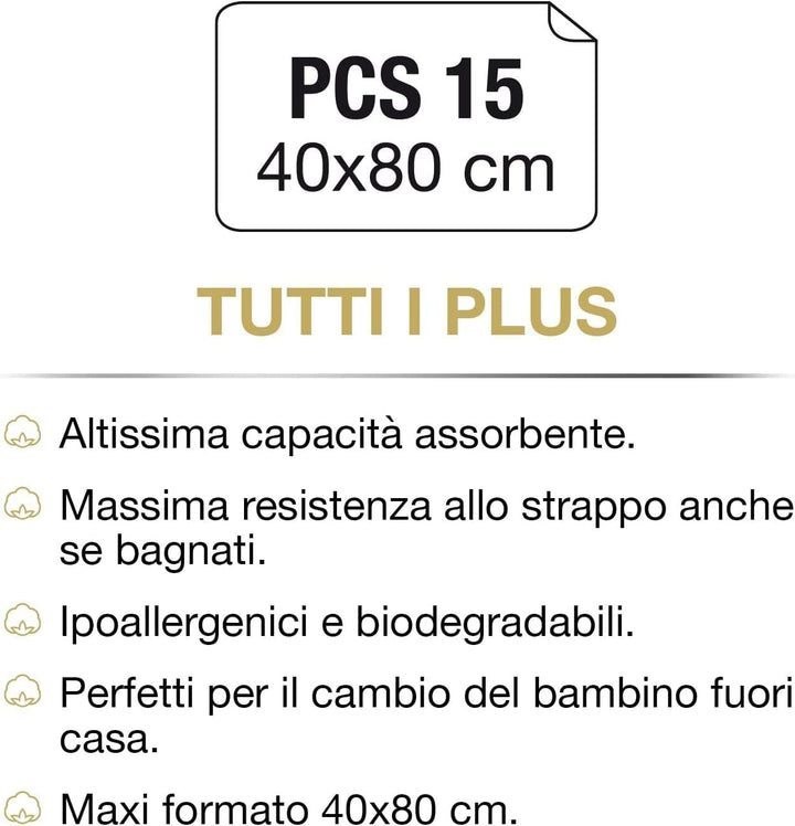 Lenjerie de igienă GOLD BABY, Pachet de 15, Copii, 100% Bumbac Hidrofil, 40 x 80 cm, Hipoalergenic și Biodegradabil, Testat Dermatologic, Fabricat în Italia Servetele Umede Bebelusi Naty Shop