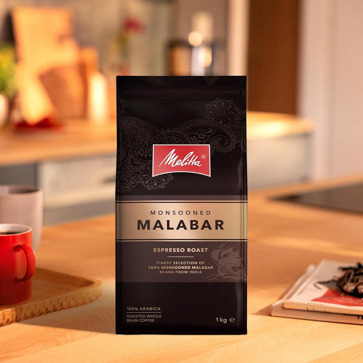 Melitta Monsooned Malabar cafea rară, 1 kg, boabe de cafea, nemăcinată, 100% boabe Arabica din India, prăjită în Germania, tărie 4 Cafea Naty Shop