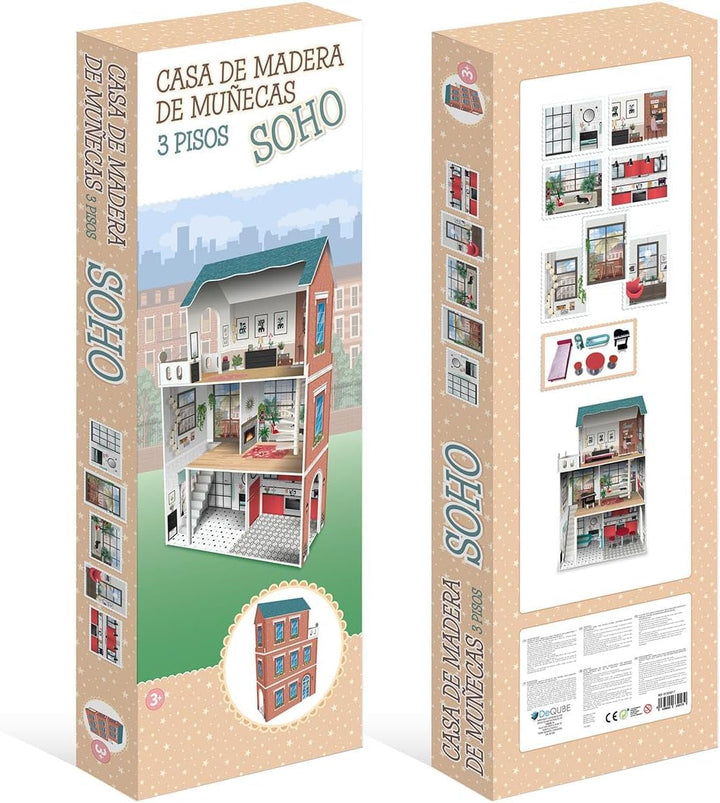 Casă de păpuși cu 3 etaje, design Soho-Madera, cu 8 piese de mobilier, dimensiuni 120 X 33 X 75 cm (913D00181) Casute de papusi Naty Shop