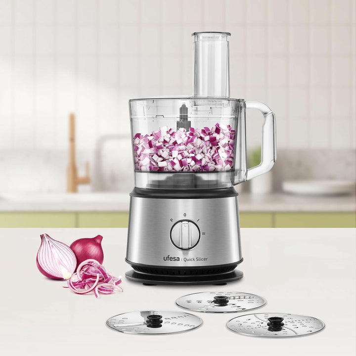 Ufesa Quick Slicer Processor Multifunktions-Foodprozessor 10-In-1, 1200W, 1,5L Fassungsvermögen, Edelstahlgehäuse, X3 Doppelseitige Scheiben, X1 Schneidemesser, X1 Rührlöffel Mama si Copilul Naty Shop