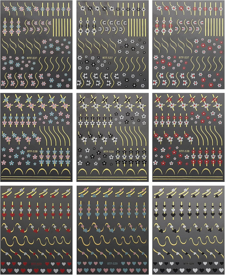 JMEOWIO Nagelsticker Herz Linien Blumen 9 Blatt Nail Art Sticker Selbstklebend Nagelaufkleber Bunte Dekoration Nageldesign Zubehör