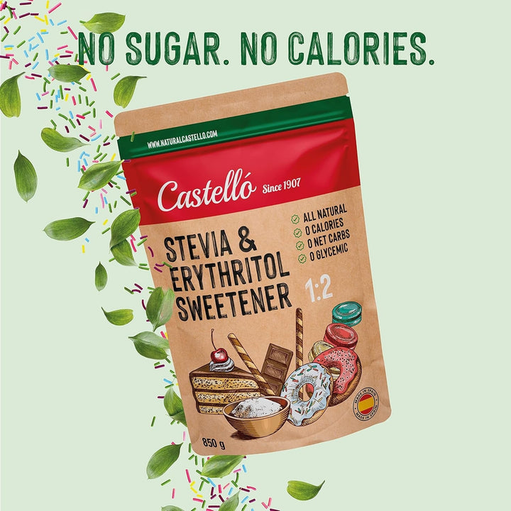 Stevia + Erythrit 1:2 Süßstoff | 1G = 2G Zucker | 100% Natürlicher Zuckerersatz - 0 Kalorien - 0 Glykämischer Index - Keto Und Paleo - 0 Netto-Kohlenhydrate - Kein GVO - Castello since 1907 - 850 G Indulcitori Naty Shop