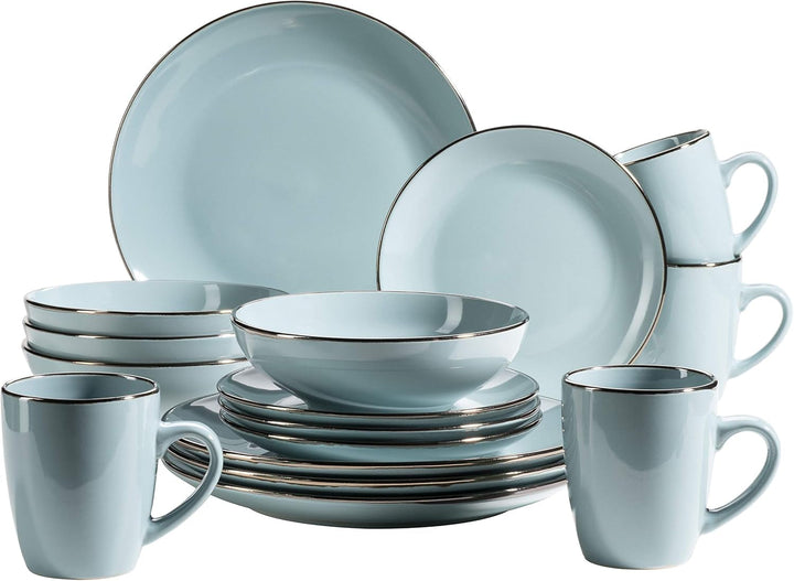 MÄSER Metallic Rim, Modernes Geschirr Set Für 4 Personen Mit Messingfarbenem Rand, 16-Teiliges Kombiservice Mit Randlosen Coupe-Formen, Steinzeug, Grau Seturi vesela masa Naty Shop Hellblau 16-Teilige