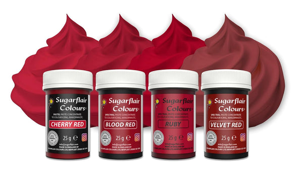 Sugarflair Pasta Lebensmittelfarben Red Set/4, Pasta Lebensmittel Farben Für Fondant, Marzipan, Zuckerpaste, Buttercreme Und Mehr: Ruby, Velvet Red, Blood Red, Cherry Red - Set/4 Coloranti Alimentari Naty Shop Default Title