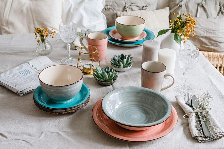 MÄSER Teller-Set Für 6 Personen Im Modernen Vintage Look, 12-Teiliges Tafelservice, Handbemalt, Blau, Steingut, Rauchblau (Bel Tempo II) Seturi vesela masa Naty Shop