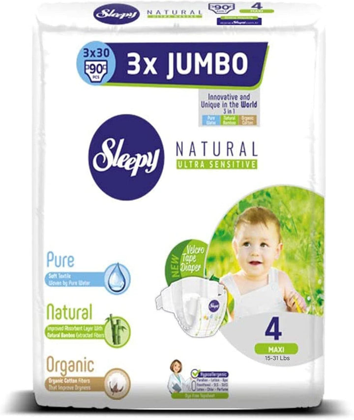 Sleepy 3X Jumbo Natural Baby Scutece, fabricate din bumbac organic și extract de bambus Naty Shop Size 4 (3 x 30 bucati)