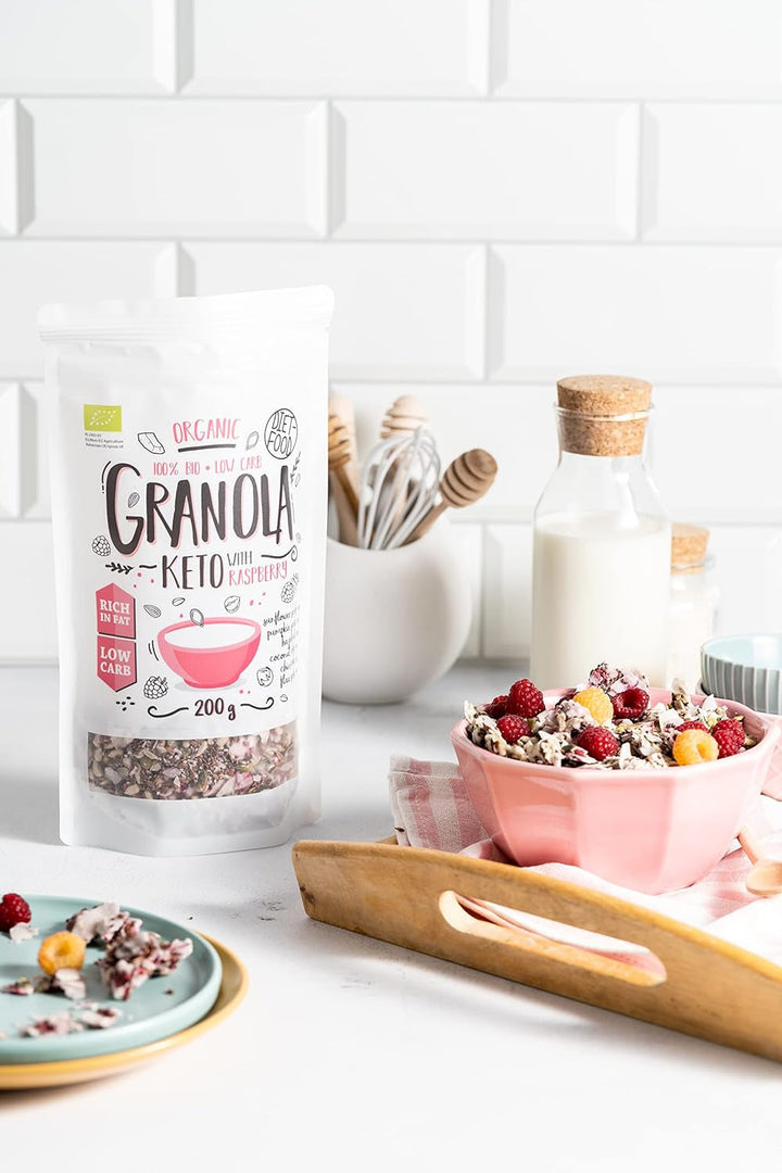 DIET-FOOD Keto Granola Mit Himbeere Low Carb Und Fettarm Glutenfreies Granola Frühstücksmüsli Non-Gmo Snack Ohne Zuckerzusatz 200G 1Er Pack Cereale Naty Shop