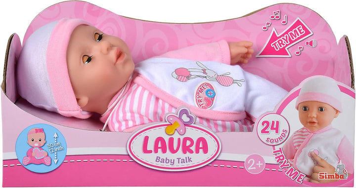 Simba 105140020 - My Love Baby Talk, păpușă cu corp moale, cu ochi adormiți, în rochiță drăguță, scoate 24 de sunete de bebeluș, 30 cm, păpușă de bebeluș de la 2 ani, alb-roz Papusi Naty Shop Capace