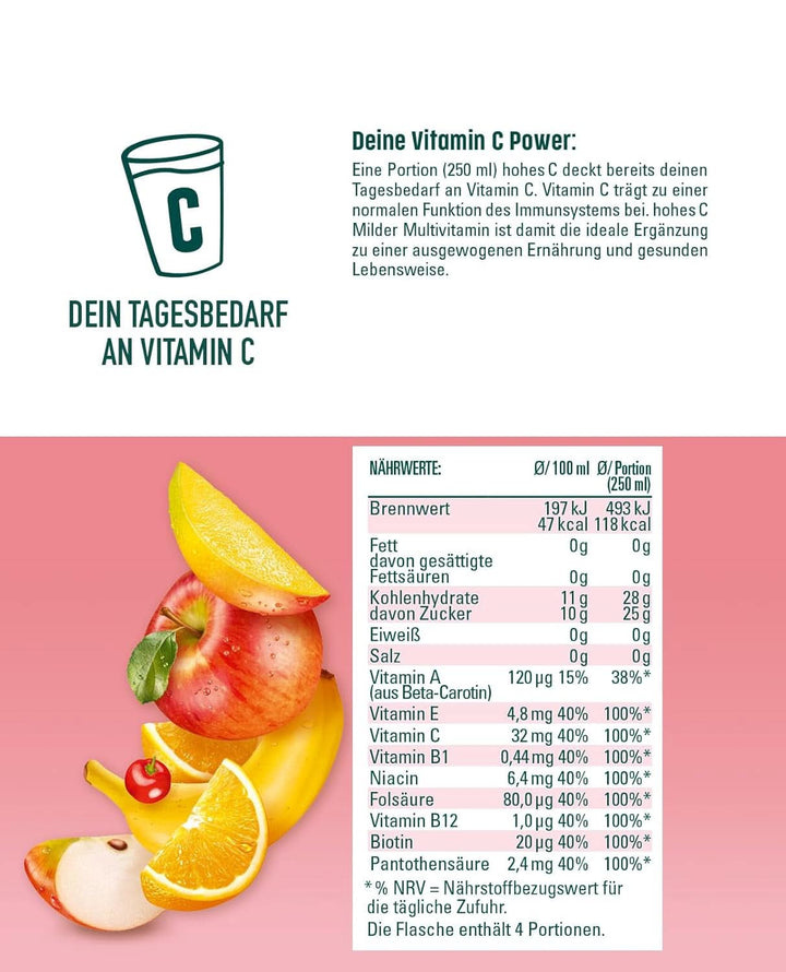 High C Mild Multivitamin (1 X 1.5L), 100% suc, mere, portocale, acerola, mango, 7 vitamine, Fără zahăr adăugat conform legii, Mai puțin acid, Vegan Bauturi fara alcool Naty Shop
