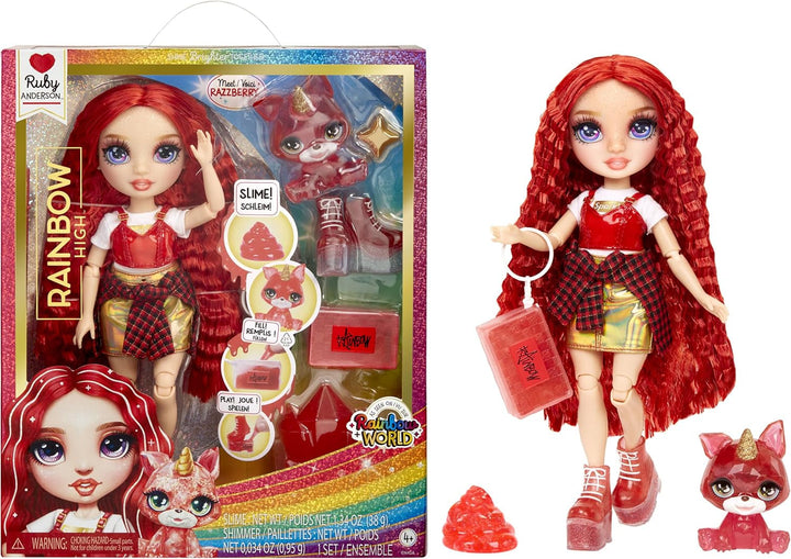 Păpușă Rainbow High Fashion cu slime și animal de companie - Amaya (Culori curcubeu) - păpușă strălucitoare de 28 cm cu slime sclipitor, animal magic și accesorii de modă - jucărie pentru copii - 4-12 ani Papusi Naty Shop Rubin (roșu)