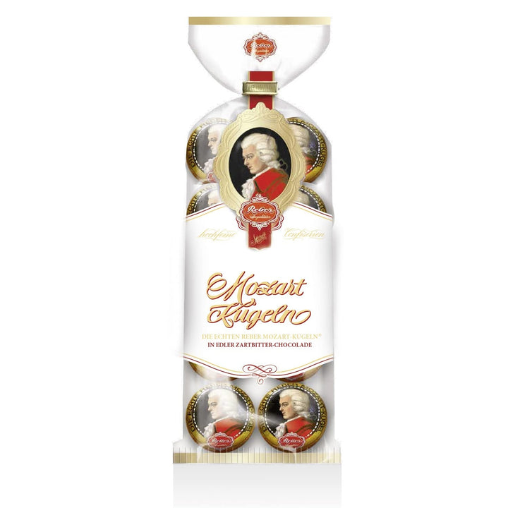 Reber, Mozart - bile, pungă de 5, bile Mozart din ciocolată neagră, umplute cu marțipan, 100 grame Bomboane de Ciocolata Naty Shop 8 bucăți