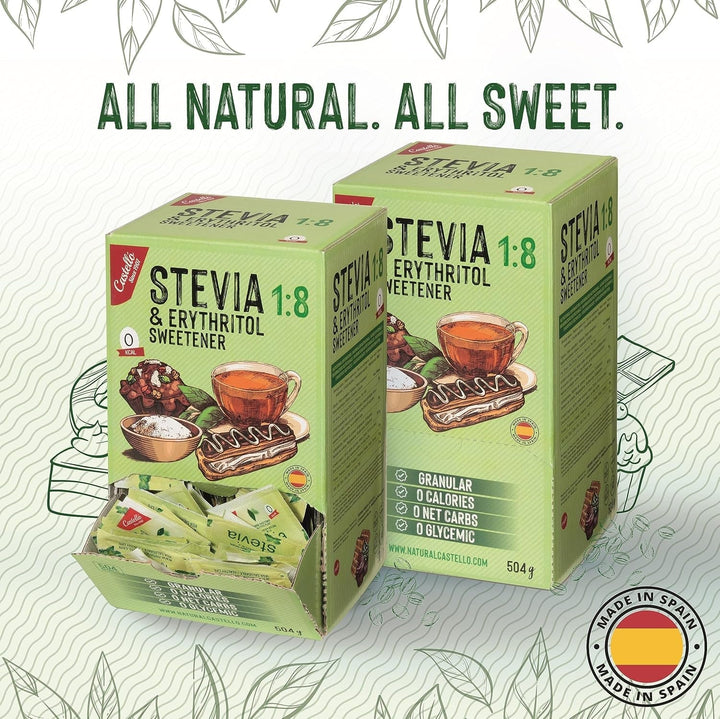 Stevia + Erythrit 1:8 Süßstoff | 504 Beutel Mit 1 G | 100% Natürlicher Zuckerersatz - 0 Kalorien - 0 Glykämischer Index - Keto Und Paleo - 0 Kohlenhydrate - Kein GVO - Castello since 1907 - 504 G Indulcitori Naty Shop
