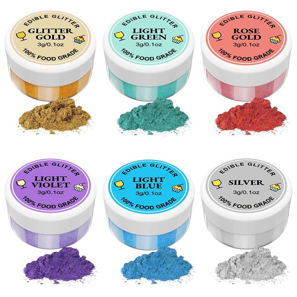 Sclipici comestibil 6 x 3g, Sclipici comestibil pentru băuturi, Sclipici alimentar, Set de 6 culori, Pudră sclipici, Sclipici pentru copt pentru ciocolată, căpșuni, prăjituri, fondant, băuturi, Inodor, Vegan