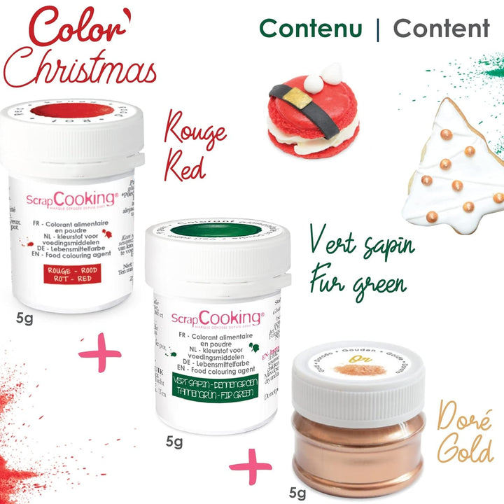 Scrapcooking - Set de 3 coloranți alimentari pulbere, Crăciun - roșu, verde, auriu Coloranti Alimentari Naty Shop
