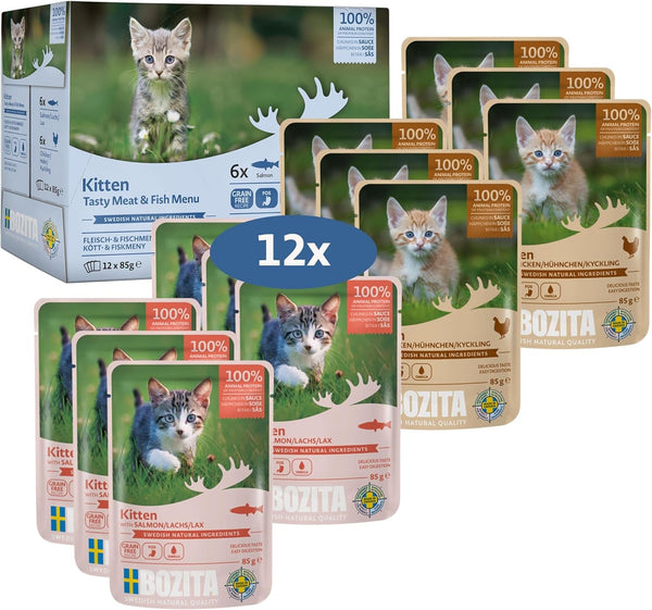 Bozita Wet Food Morsels In Sauce With Fish And Meat - 12X85G Portion Pouch Grain Free & Wheat Free Food For Cats - Hrană umedă pentru pisici adulte cu un conținut de 8,5% proteine și 4,5% grăsimi