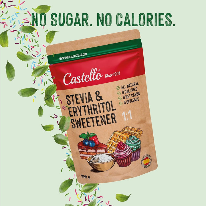 Stevia + Erythrit 1:1 Süßstoff | 1G = 1G Zucker | 100% Natürlicher Zuckerersatz - 0 Kalorien - 0 Glykämischer Index - Keto Und Paleo - 0 Netto-Kohlenhydrate - Kein GVO - Castello since 1907-850 G Indulcitori Naty Shop