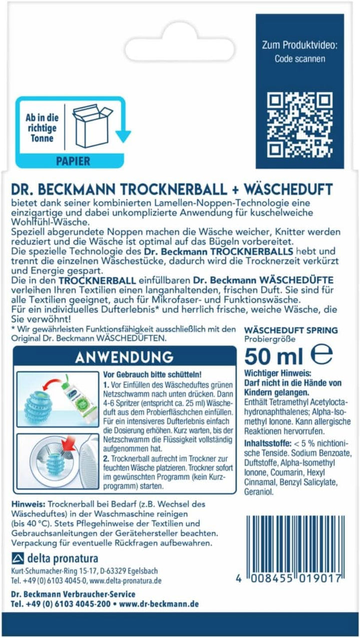 Minge de uscat Dr Beckmann, Pentru rufe proaspete și moi, Poate fi umplută cu parfum de rufe, Scurtează timpul de uscare, Inclusiv parfum de rufe Spring Sample 50 ml Detergenti Rufe Naty Shop
