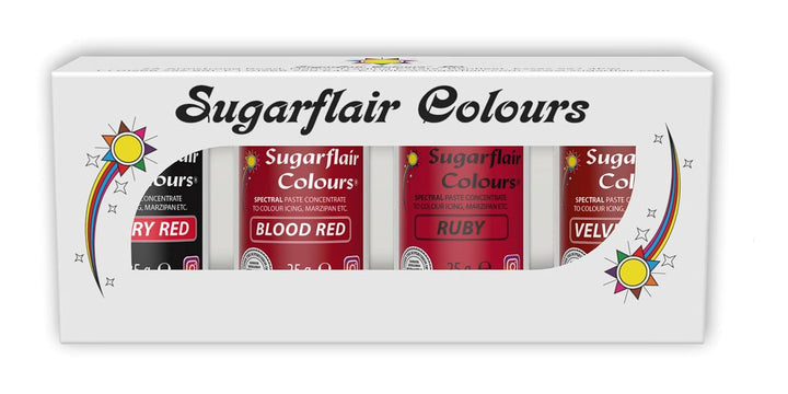 Sugarflair Pasta Lebensmittelfarben Red Set/4, Pasta Lebensmittel Farben Für Fondant, Marzipan, Zuckerpaste, Buttercreme Und Mehr: Ruby, Velvet Red, Blood Red, Cherry Red - Set/4 Coloranti Alimentari Naty Shop