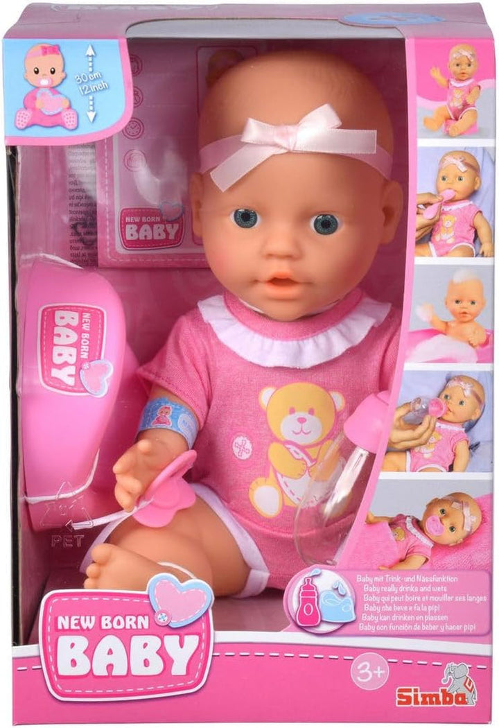 Simba 105030069 - New Born Baby Doll, păpușă din vinil cu funcție de băut și hrănit, cu certificat de naștere și accesorii, 4 bucăți, 30 cm, păpușă, de la 3 ani Papusi Naty Shop Drăguț