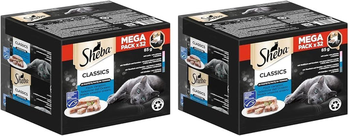 Sheba Classics in Pâté- Cea mai fină hrană umedă pentru pisici în bol - Fish Variation (MSC) cu somon, pește alb, ton și cod - 32 X 85G