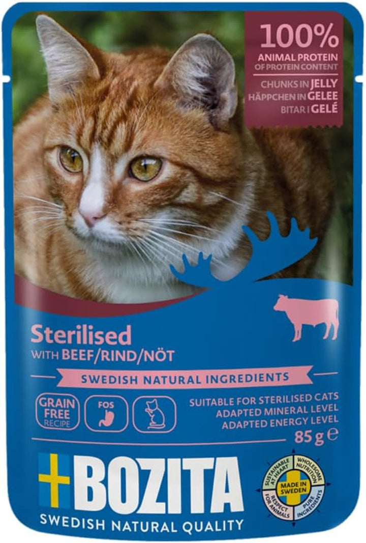 Bozita Sterilised Wet Food Morsels in Jelly With Beef - 12X85G săculeți Grain Free & Wheat Free Food For Cats - Hrană umedă pentru pisici cu un conținut de 8,5% proteine și 3,5% grăsimi