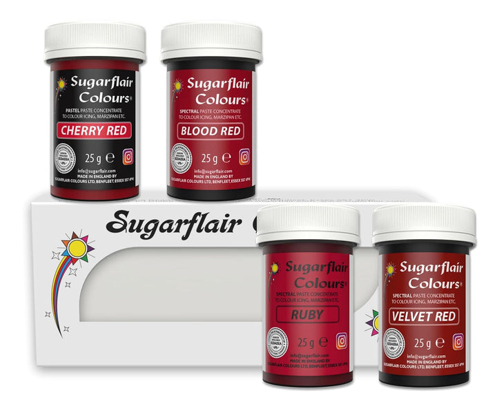 Sugarflair Pasta Lebensmittelfarben Red Set/4, Pasta Lebensmittel Farben Für Fondant, Marzipan, Zuckerpaste, Buttercreme Und Mehr: Ruby, Velvet Red, Blood Red, Cherry Red - Set/4 Coloranti Alimentari Naty Shop