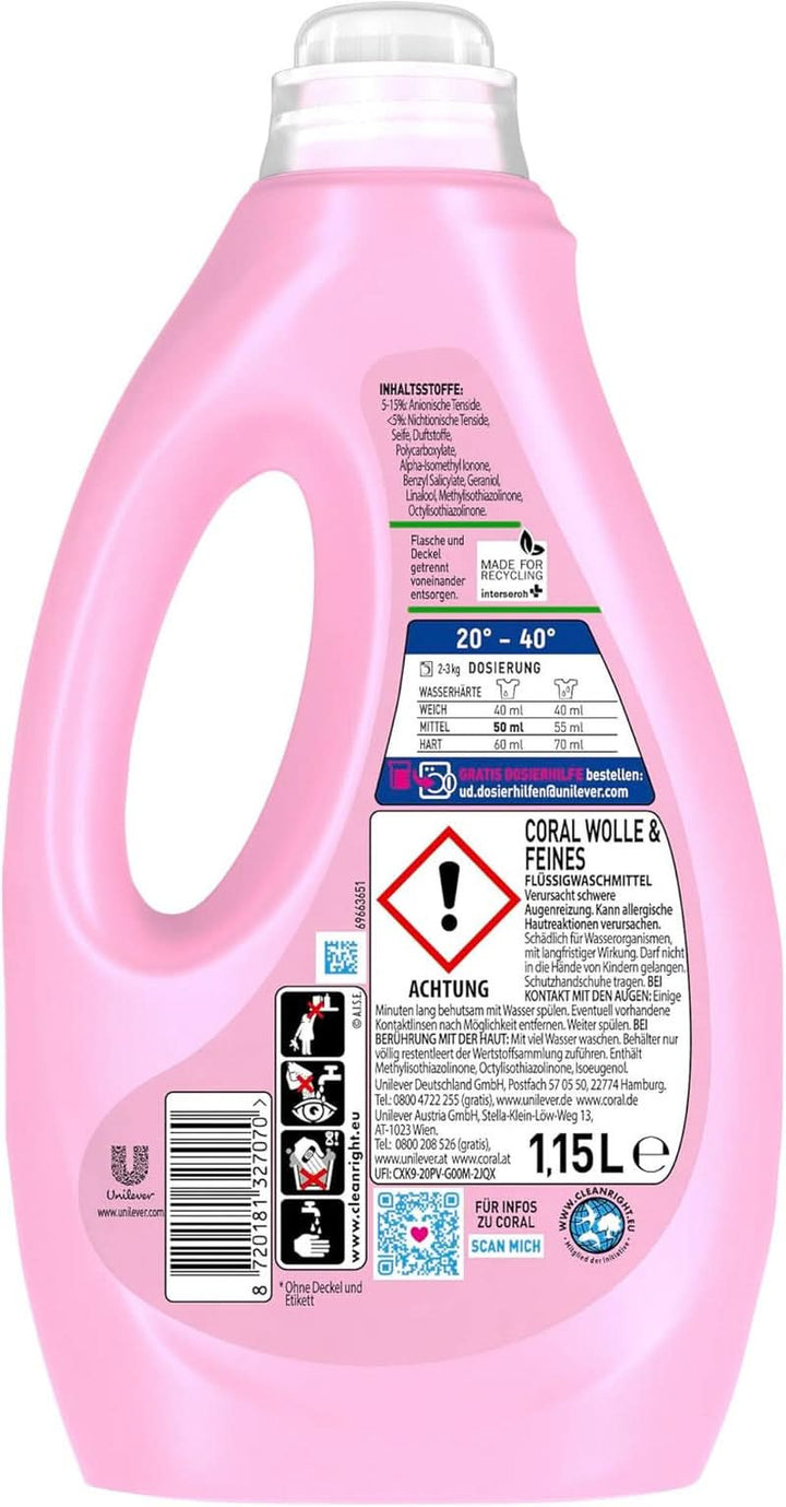 Coral detergent lichid delicat pentru lână și rufe delicate, 23 spalari, 1,15 litri Detergenti Rufe Naty Shop