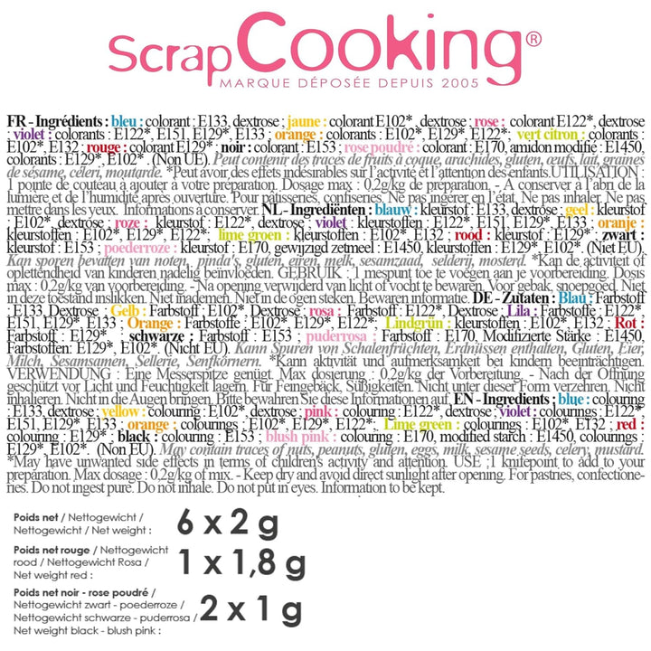 Scrapcooking - 9X Set Lebensmittelfarben Pulver - Blau, Gelb, Rosa, Violett, Orange, Zitronengrün, Rot, Puderrosa, Schwarz - Farbpulver Essbar Für Torten, Kuchen, Makronen - 4270 Coloranti Alimentari Naty Shop