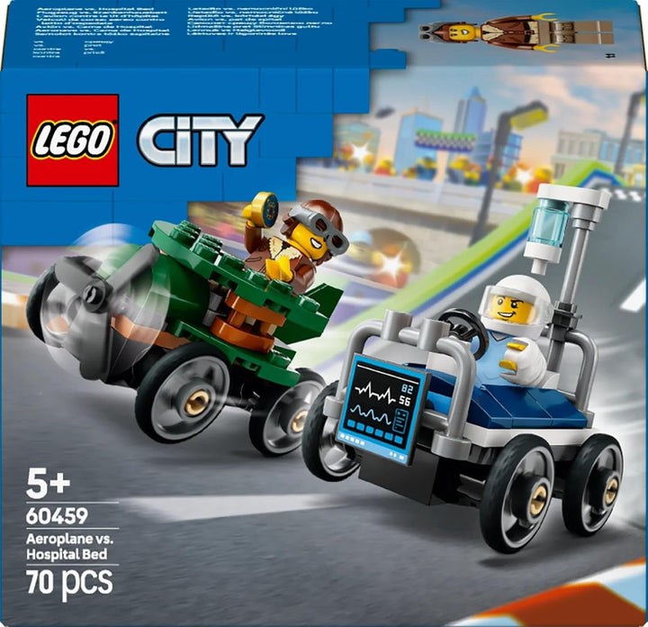 LEGO City Airplane Vs. Hospital Bed Race Car Set - Jucărie Soapbox pentru băieți și fete de la 5 ani - Set de construcție cu 2 minifigurine - Cadou aniversar și de vacanță 60459 Seturi de constructie Besuche den LEGO-Store
