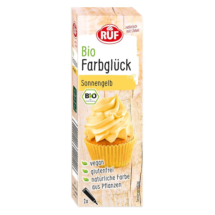 RUF Bio Lebensmittelfarbe Himmel-Blau, Mit Agavendicksaft Zum Einfärben Von Zucker-Glasuren & Für Ausgefallene Torten, Glutenfrei & Vegan, 1 X 25G Coloranti Alimentari Naty Shop 25 G (1Er Pack) Sonnen-Gelb