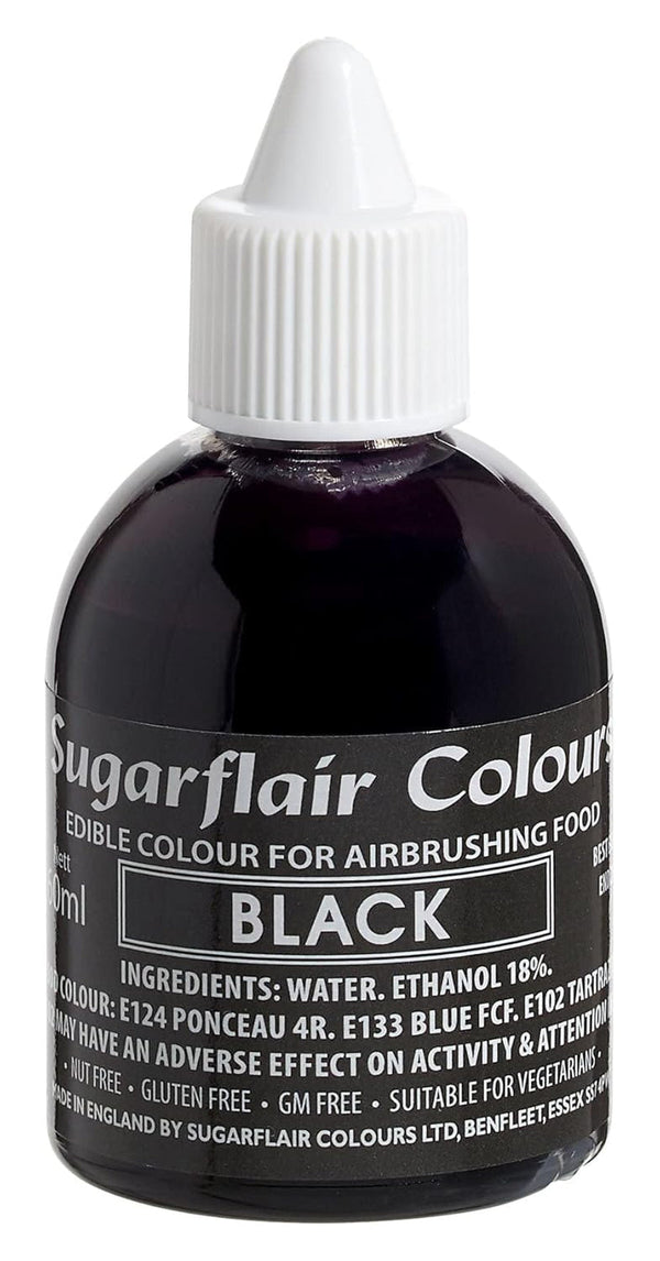 Sugarflair Airbrush Colouring Lebensmittelfarbe Black - Essbare Lebensmittel Farbe Flüssig, Airbrush-Farbe Für Kuchen, Cupcakes, Zuckerguss Und Kuchendekorationen - 60Ml Coloranti Alimentari Naty Shop Schwarz