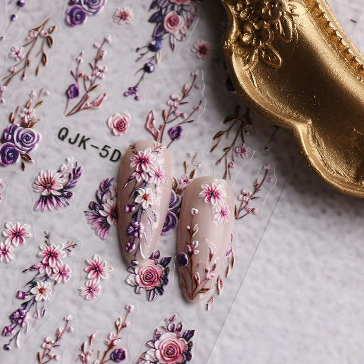 JMEOWIO 3D Nagelsticker Blumen Nail Art Sticker Selbstklebend Nagelaufkleber 5D Stereoskopisch Frühling Sommer Dekoration Nageldesign Zubehör 4 Blatt