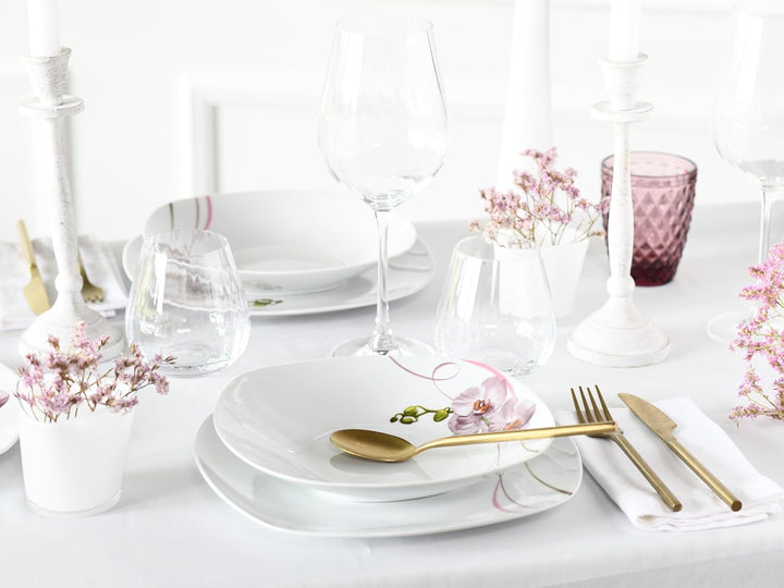 Creatable, 22536, Serie Square Orchidee, 62-Teiliges Geschirrset Für 6 Personen, Kombiservice Aus Porzellan, Spülmaschinen- Und Mikrowellengeeignet, Qualitätsproduktion Seturi vesela masa Naty Shop
