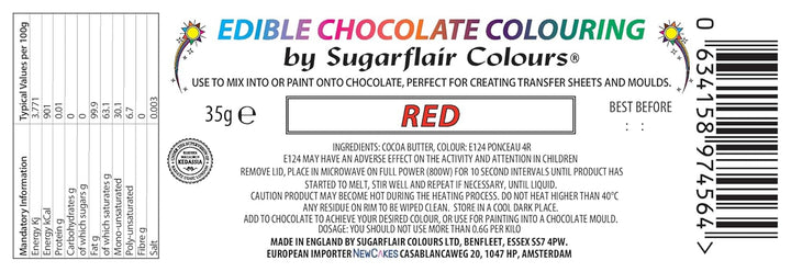 Sugarflair Red Chocolate Colouring - Unt de cacao colorat pentru colorarea ciocolatei, 25 grame Coloranti Alimentari Naty Shop