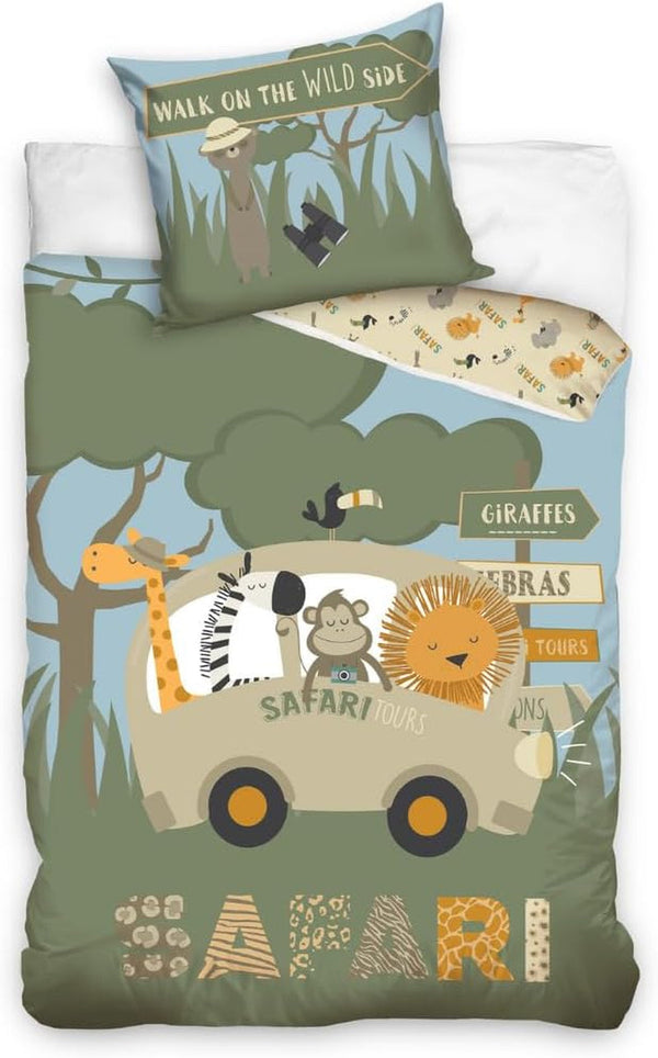 Set de lenjerie de pat pentru copii, animale, 100% bumbac cu fermoar Lenjerie de pat - copii Naty Shop Safari