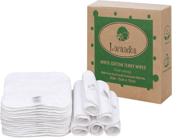 Șervețele reutilizabile pentru copii 100% bumbac Terry (25pachet - 15X15Cm - alb) fără parfum, lavabile, ultra moi și super absorbante Mama si Copilul Naty Shop