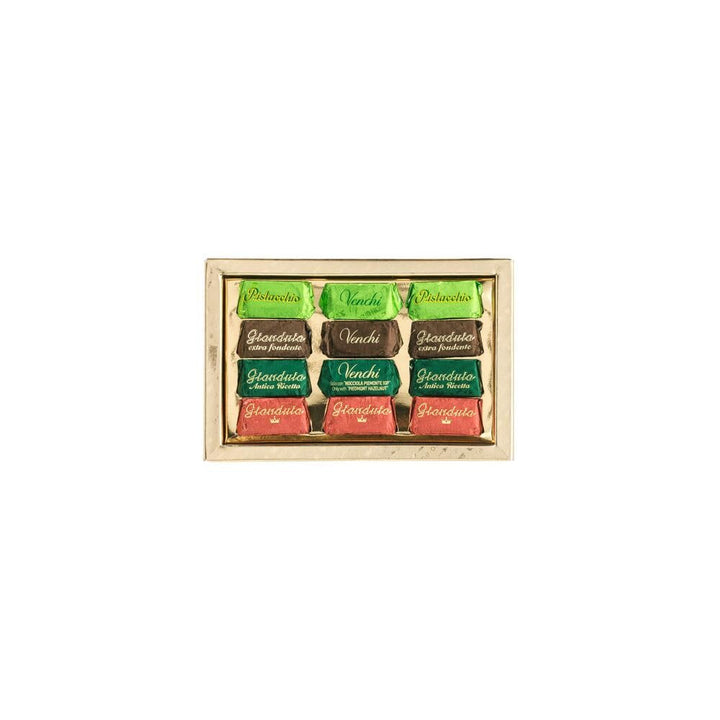 Venchi, Cutie cadou aurie cu ciocolată Gianduiotti asortată, 110 grame Bomboane de Ciocolata Naty Shop