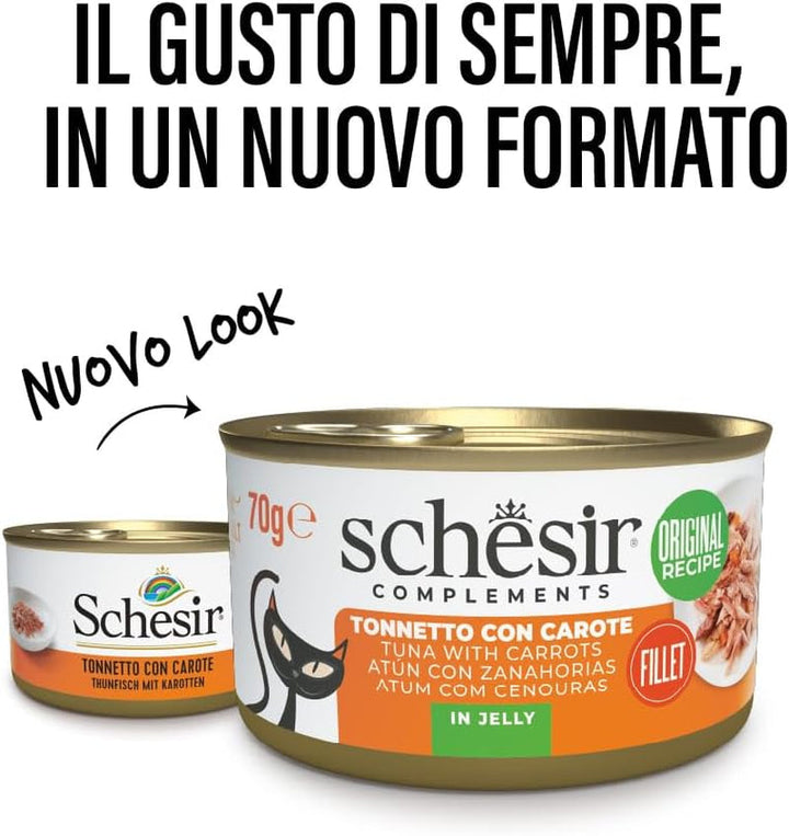 , File de ton cu morcovi în jeleu, Hrană umedă complementară pentru pisici, Rețetă originală, 100% naturală, 12 cutii la 70 G