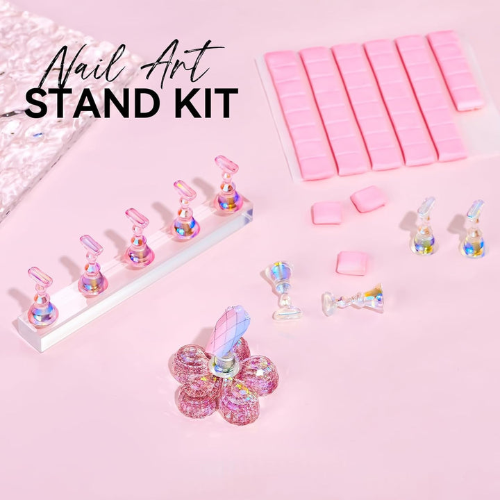 Suport acrilic pentru unghii Makartt, suport pentru unghii magnetic, suport pentru unghii, suport pentru unghii roz transparent, cu 48 de chit adeziv
