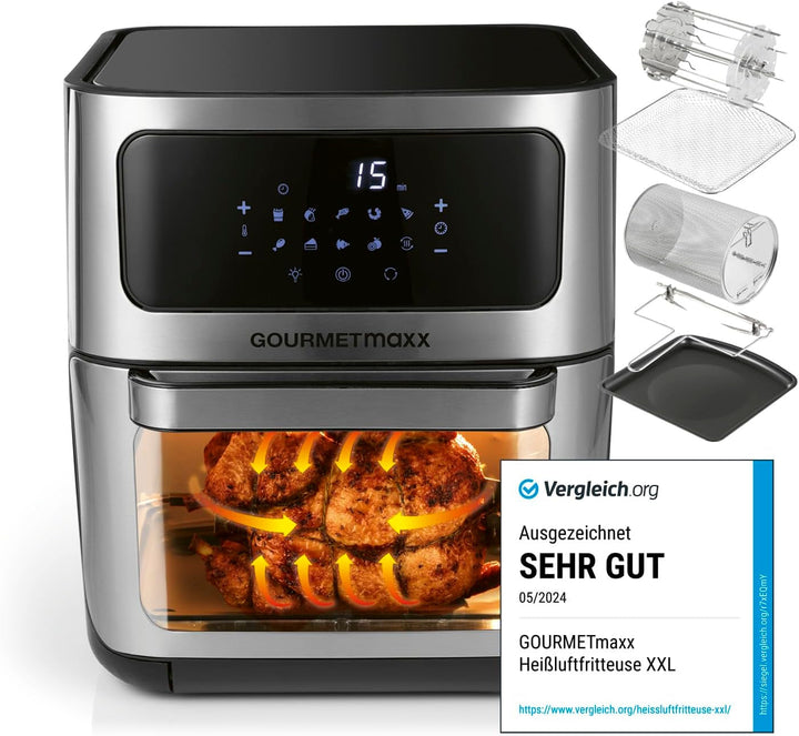 Gourmetmaxx Friteuză digitală cu aer cald XXL, 9 litri, 8 programe, 1800 W Electrocasnice Naty Shop Oțel inoxidabil / negru 12 litri