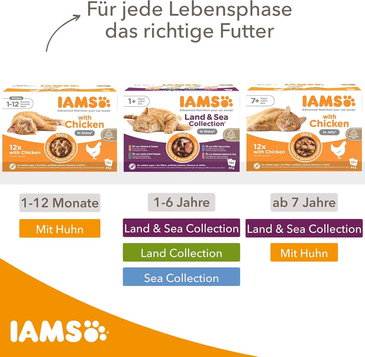 Hrană umedă pentru pisici IAMS Delights Sea Collection - Multipack cu sortimente de pește (somon, ton, macrou, pește de mare) în sos, hrană umedă pentru pisici de la 1 an în sus, 12 X 85G