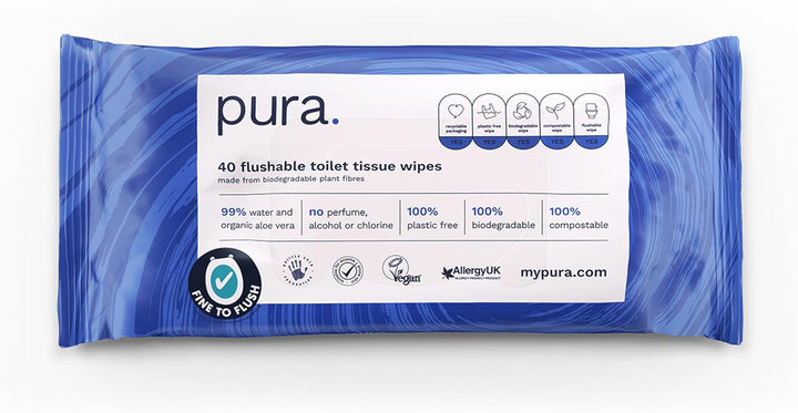 Șervețele umede Eco Flushable, 1 pachet (40 de șervețele), 100% fără plastic, 99% apă, șervețele umede sensibile și hrănitoare, certificate "Fine to Flush" Biodegradabile, Vegan (pachet cu 3)