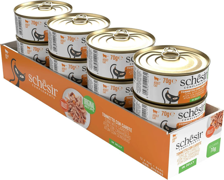 , File de ton cu morcovi în jeleu, Hrană umedă complementară pentru pisici, Rețetă originală, 100% naturală, 12 cutii la 70 G