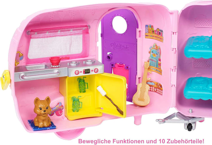 Barbie Chelsea Series, Chelsea Car And Camper Set cu 10+ Barbie Camping Accessories, 1X Chelsea Doll, Teal Car And Pink Mini Camper, Cadouri pentru copii 3+ ani, Fxg90 Papusi Naty Shop