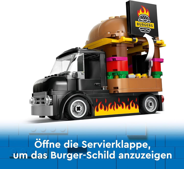 LEGO City Burger Truck, set de construcție cu mașină de jucărie pentru copii de 5 ani, minifigurină Food Truck și accesorii, cadou distractiv pentru băieți și fete 60404 Seturi de constructie Besuche den LEGO-Store