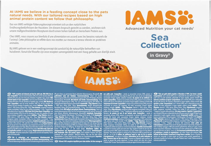 Hrană umedă pentru pisici IAMS Delights Sea Collection - Multipack cu sortimente de pește (somon, ton, macrou, pește de mare) în sos, hrană umedă pentru pisici de la 1 an în sus, 12 X 85G